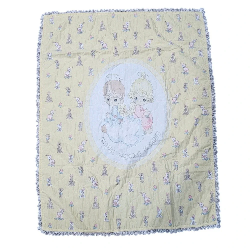 Vintage Precious Moments Quilted Baby Blanket Yellow Angel Lace Trim 90s